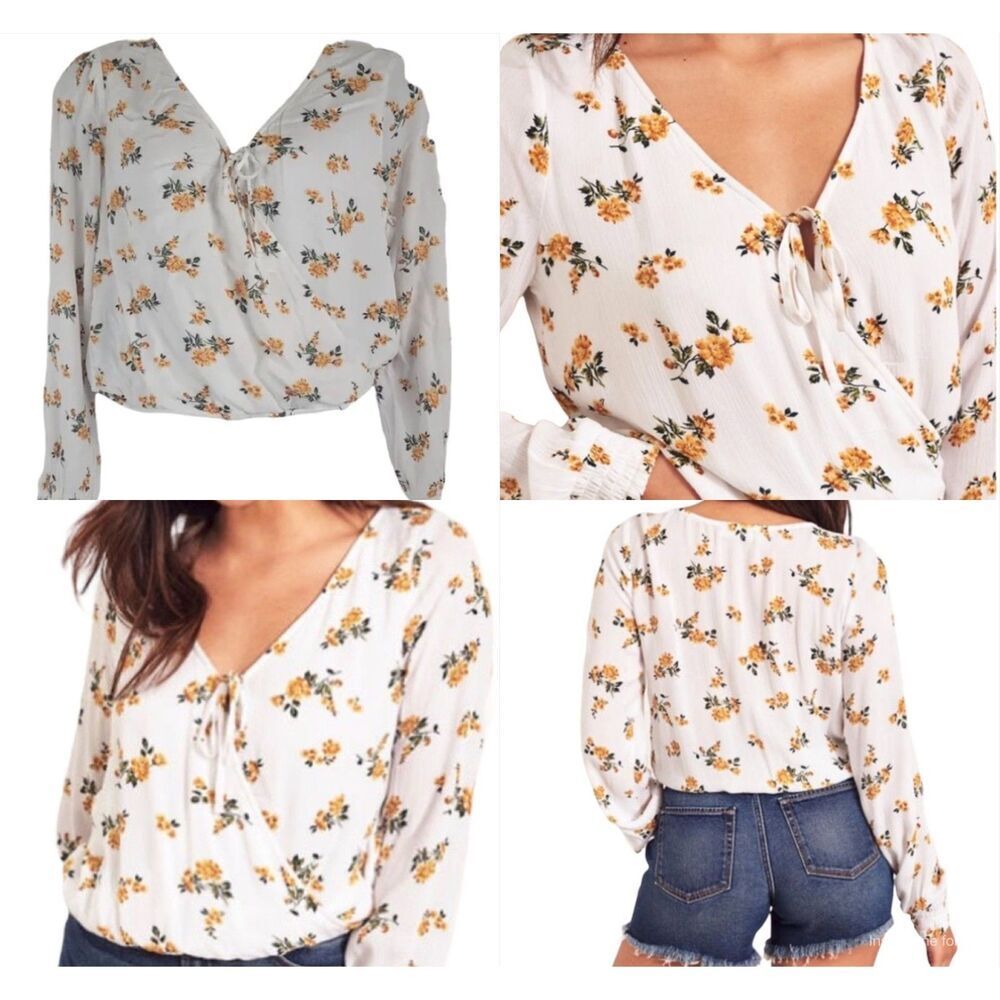 HOLLISTER Co. Long Sleeves Floral Wrap Style Tie Front Cropped Blouse